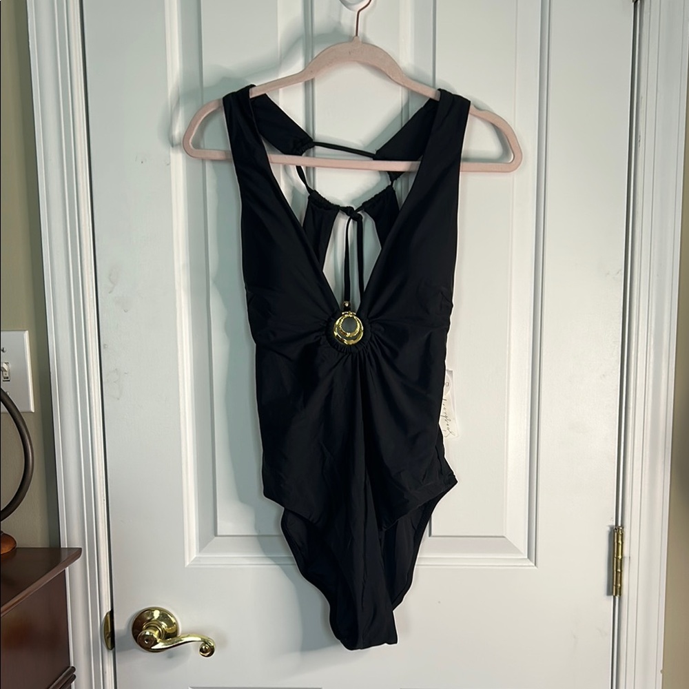 Black One-Piece Swimsuit with Gold Accent